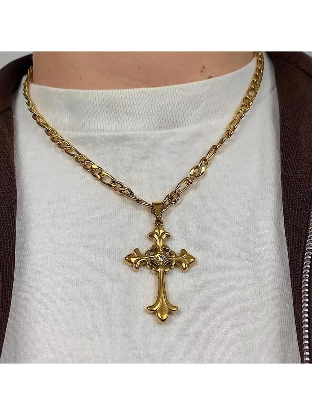 Y2K Gold Stainless Steel Cross Pendant Stone Necklace 20 Inch Unisex